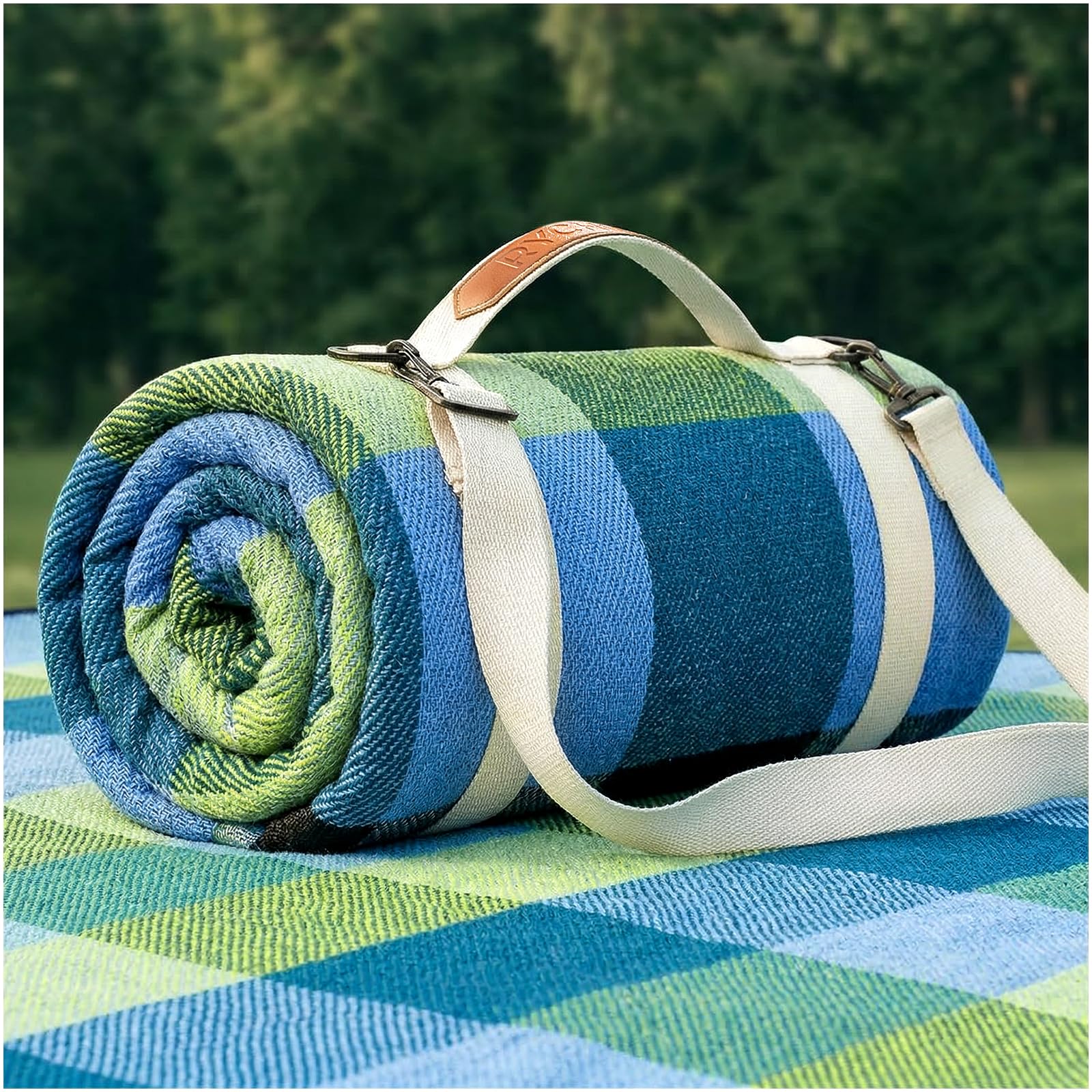 RYCHIC Extra Large Picnic Blanket in plaid green, folded view