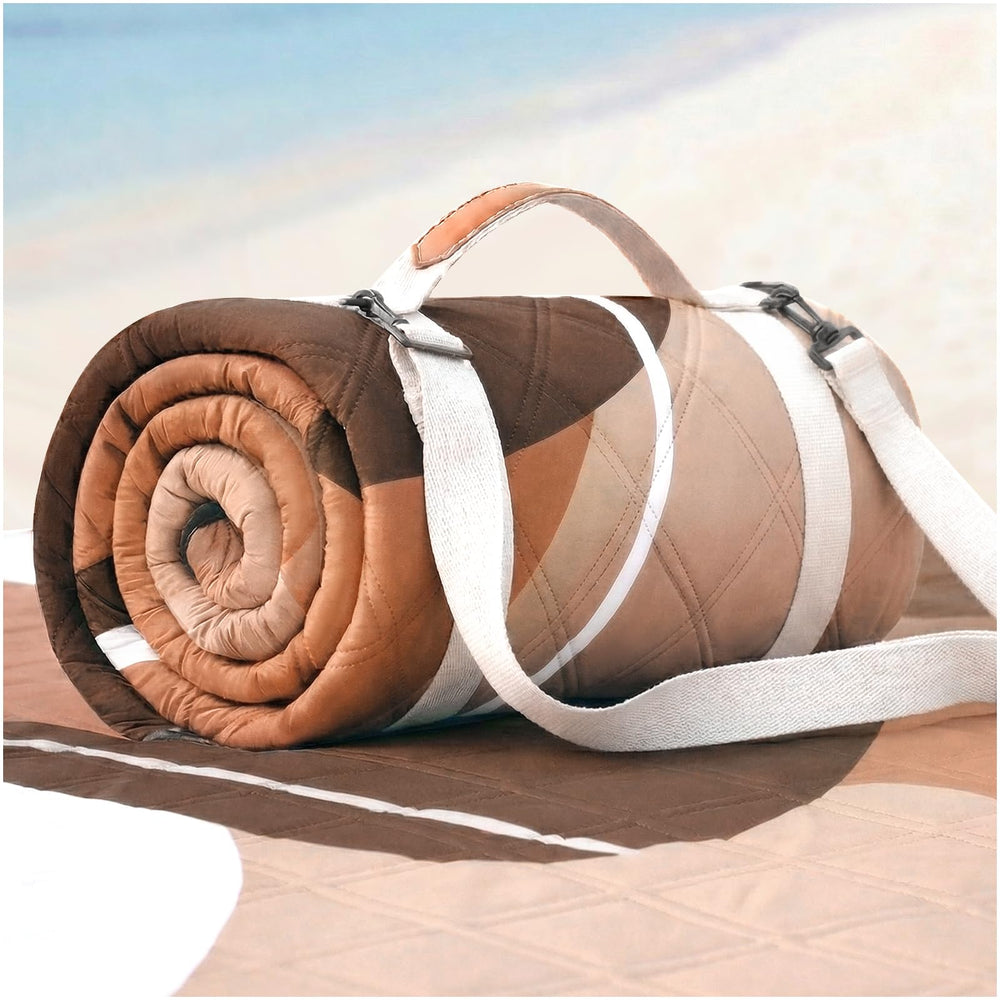 RYCHIC Extra Large Waterproof Picnic Blanket front view, Abstract Brown