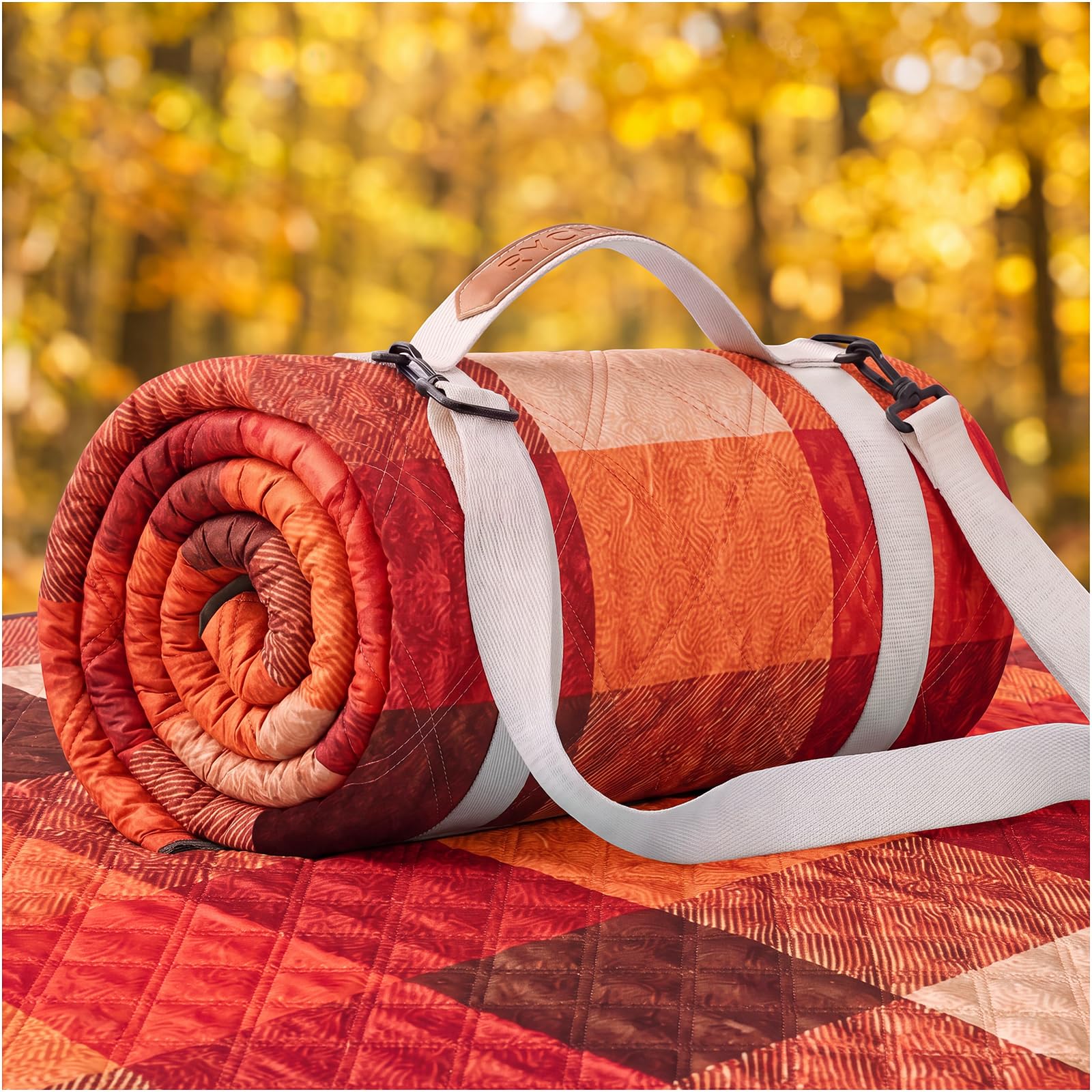 RYCHIC Waterproof Picnic Blanket Autumn Orange Red Plaid front view