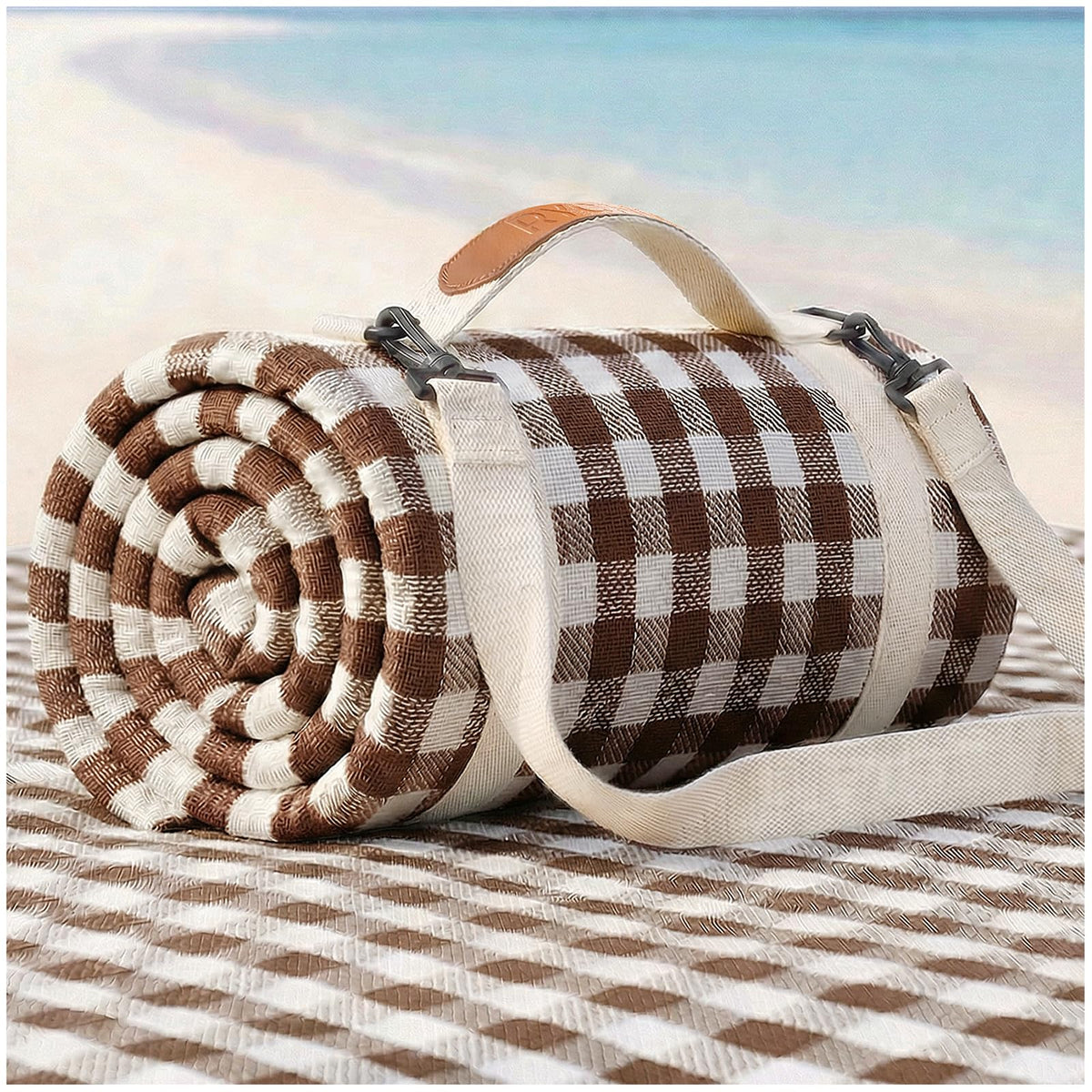 RYCHIC Waterproof Picnic Blanket Checkered Beige front view
