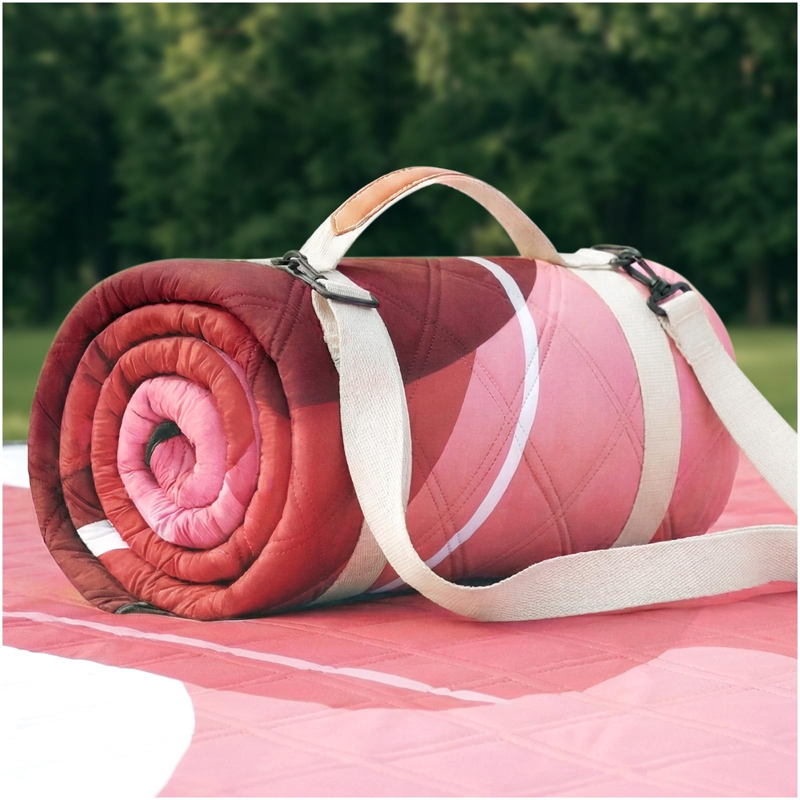 RYCHIC Waterproof Picnic Blanket front view in abstract brick red