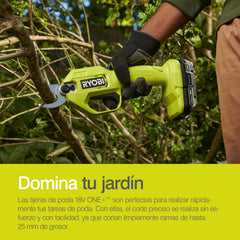 RYOBI RY18SCA-0 secateurs in use with garden gloves
