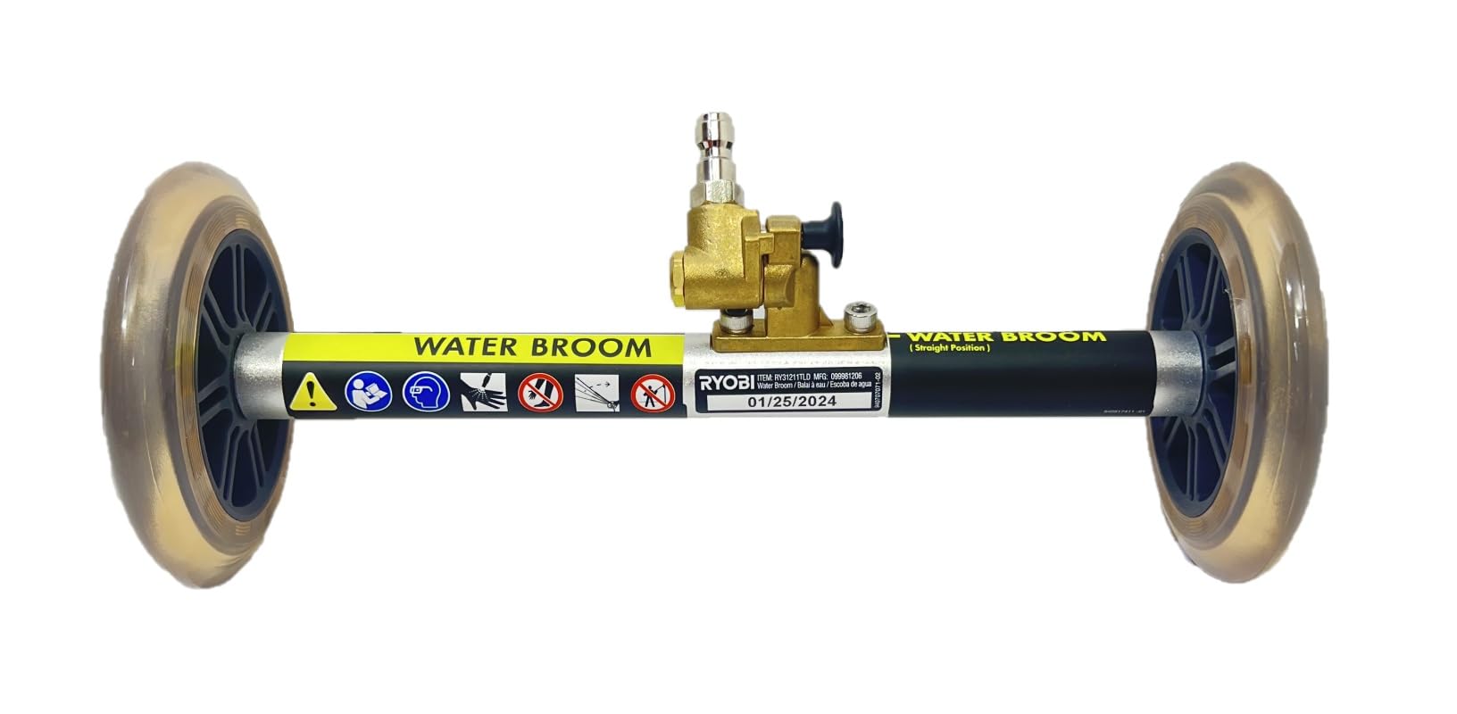RYOBI Water Broom package dimensions displayed on a table