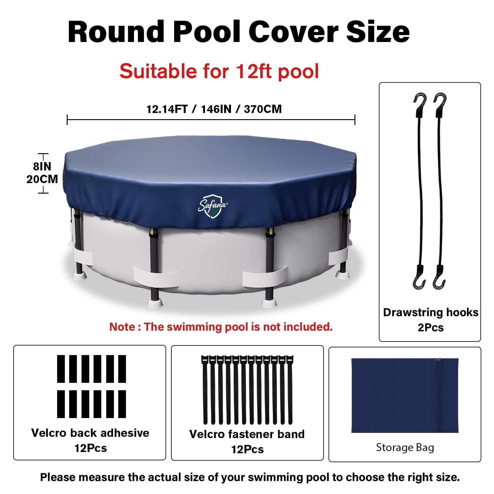 Safana 12FT Round Pool Cover showing the windproof accessory set