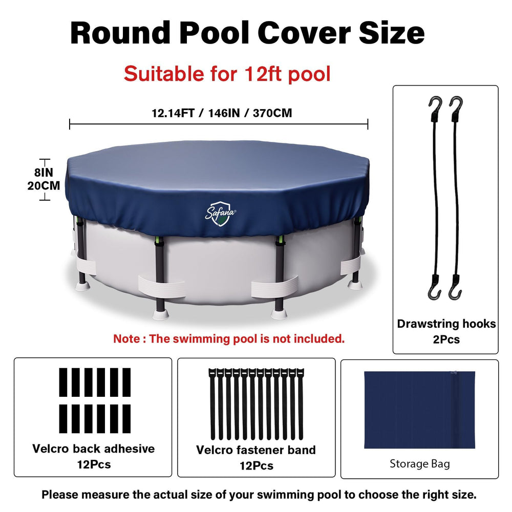 Safana 12FT Round Pool Cover showing the windproof accessory set