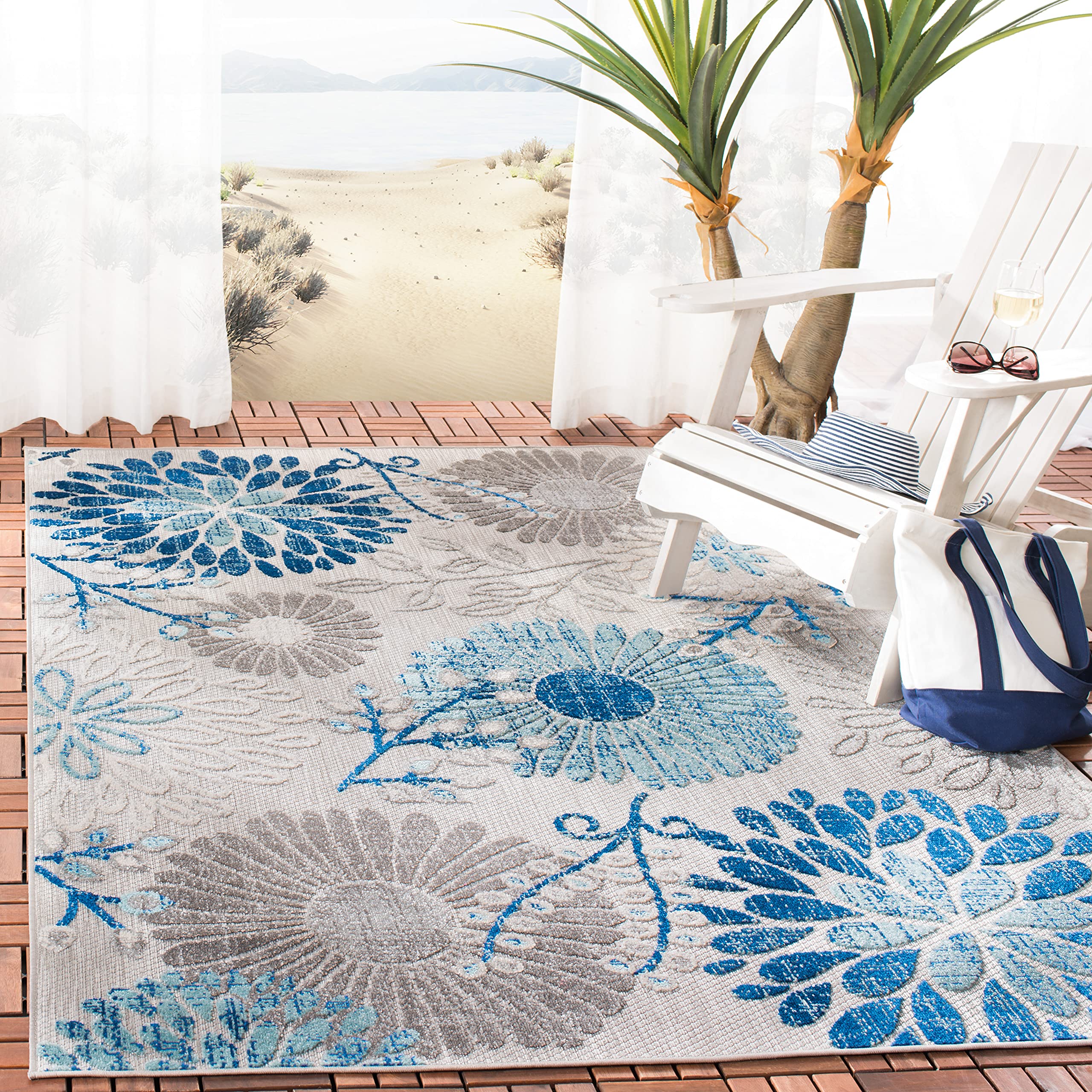 SAFAVIEH Cabana Outdoor Area Rug 3'x5' front view grey and blue
