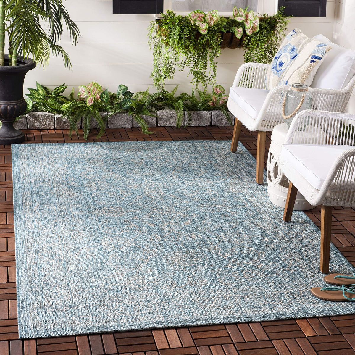 SAFAVIEH Outdoor Rug Aqua/Grey 2'7" x 5' front view