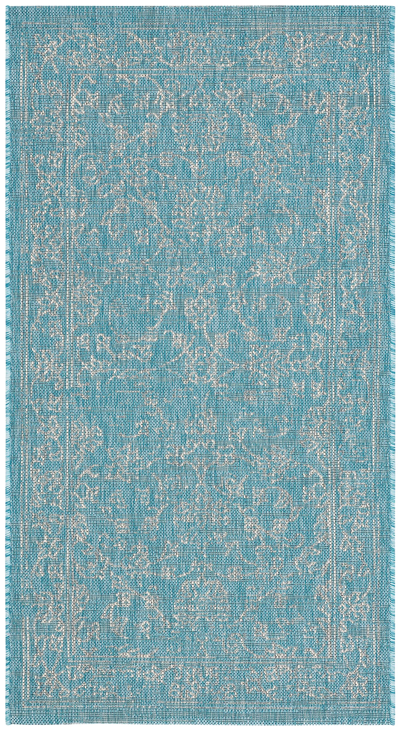 SAFAVIEH Outdoor Rug Aqua/Grey 2'7" x 5' in patio setting