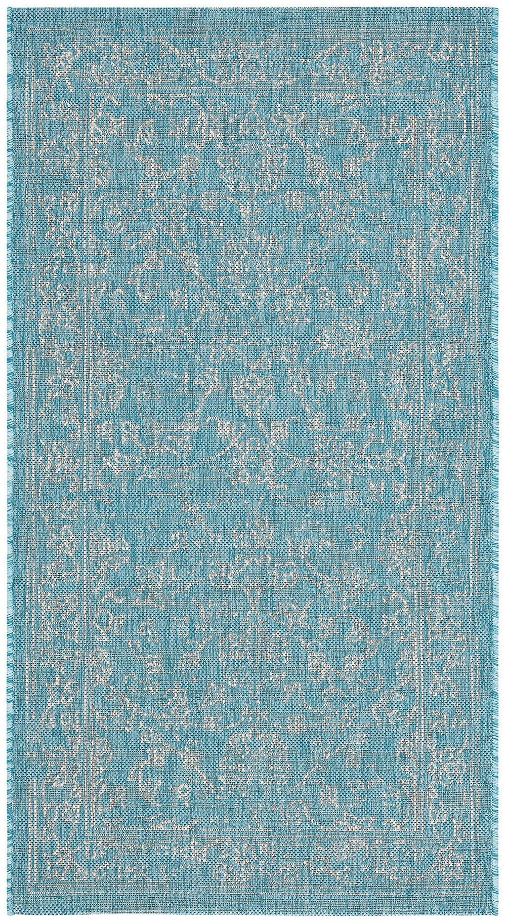 SAFAVIEH Outdoor Rug Aqua/Grey 2'7" x 5' in patio setting