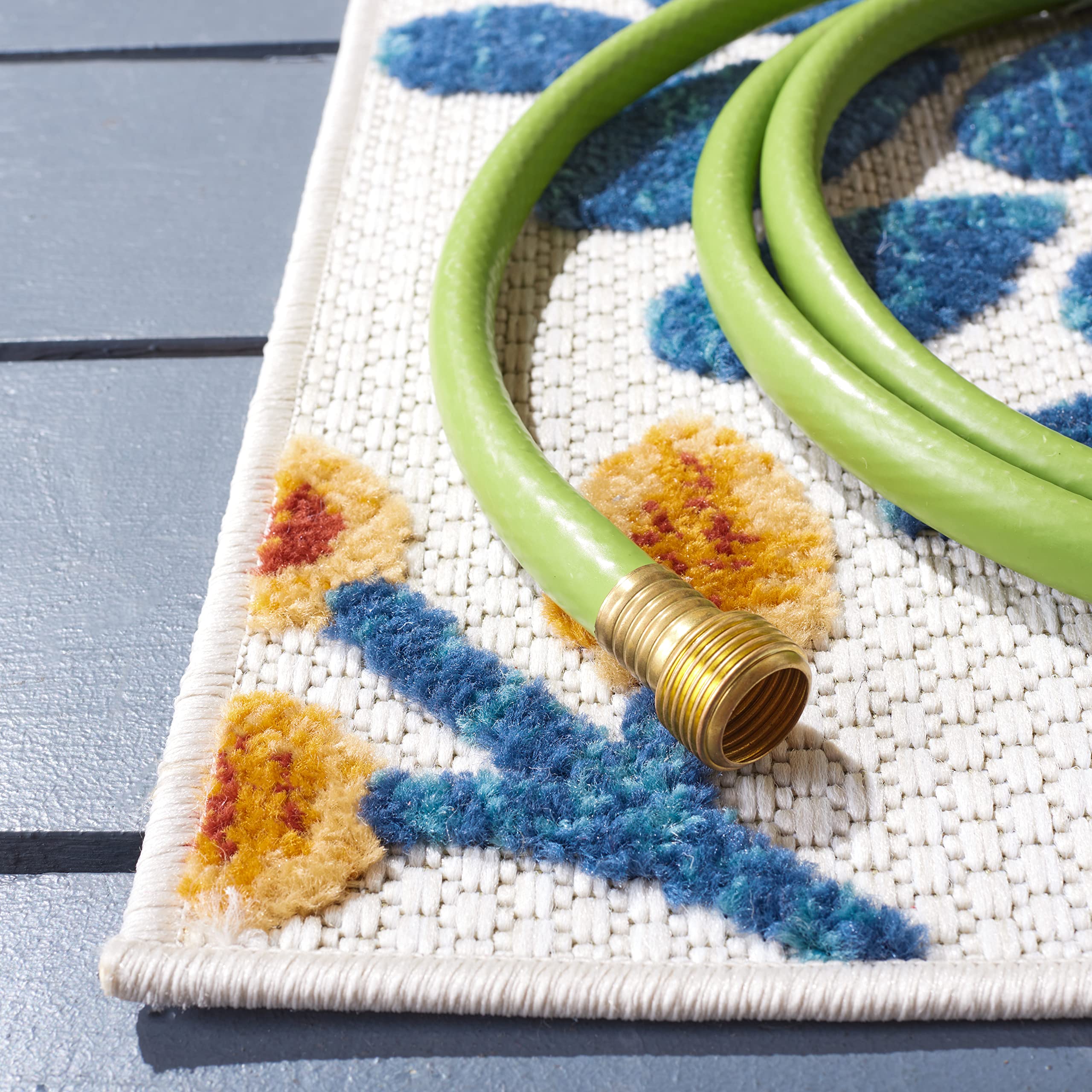 SAFAVIEH outdoor rug displayed on patio