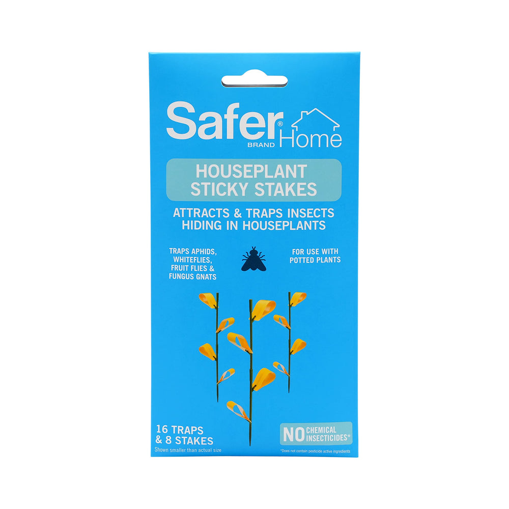 Safer Houseplant Sticky Stakes and traps displayed on a table