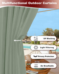 Sage green outdoor curtains providing UV protection