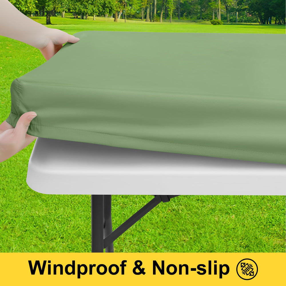 Sage green picnic table cover fitting a 96-inch table
