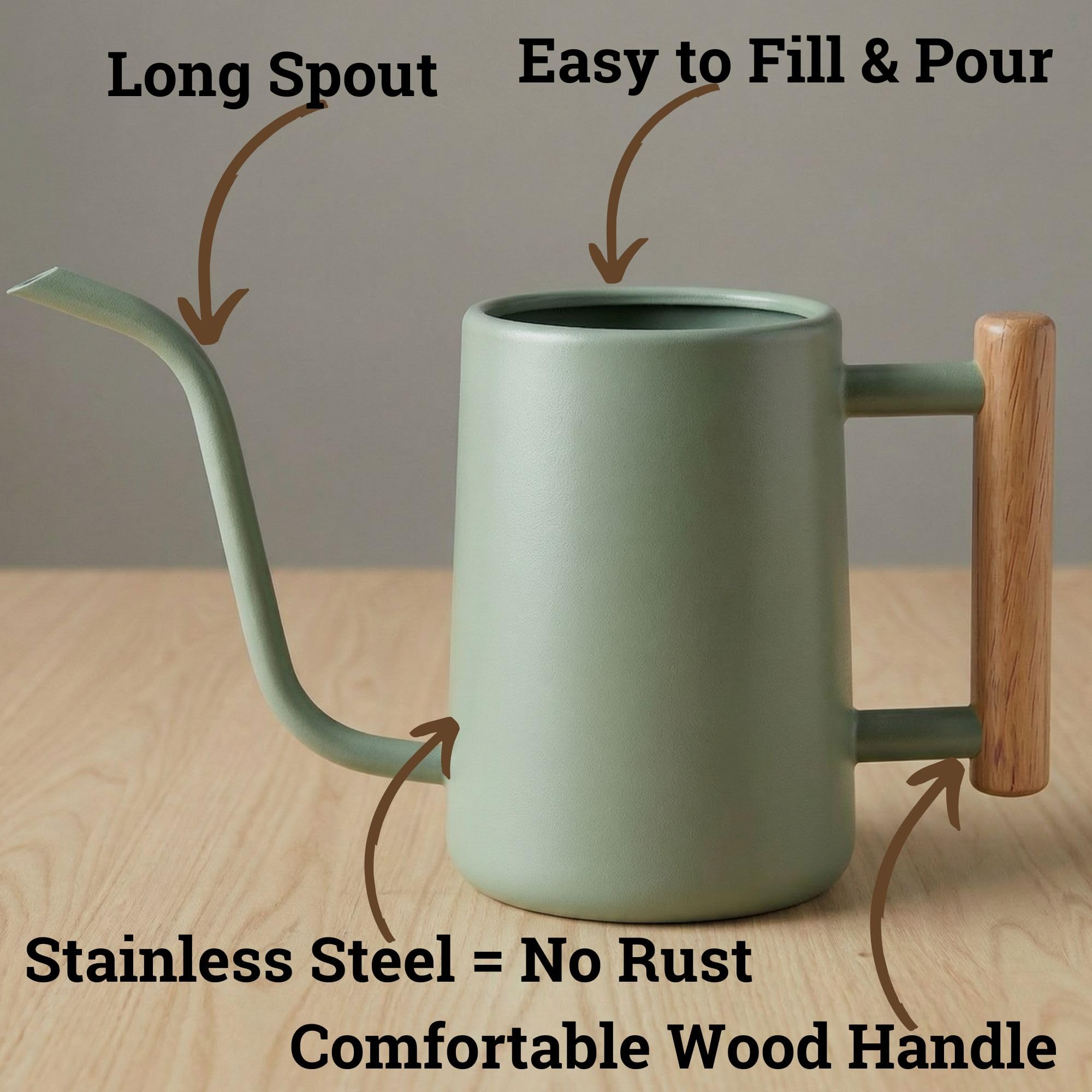 Sage Green watering can with wooden handle close-up