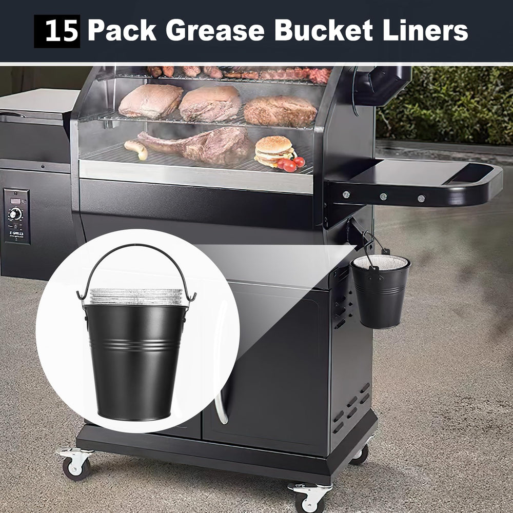 Sageme grease bucket liner next to Traeger grill