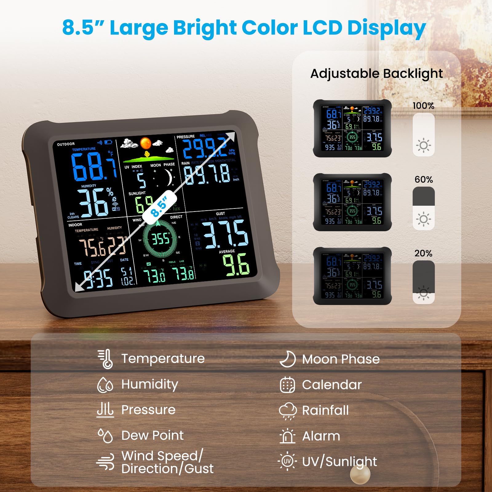 sainlogic 5G WiFi Weather Station large LCD display showing weather data
