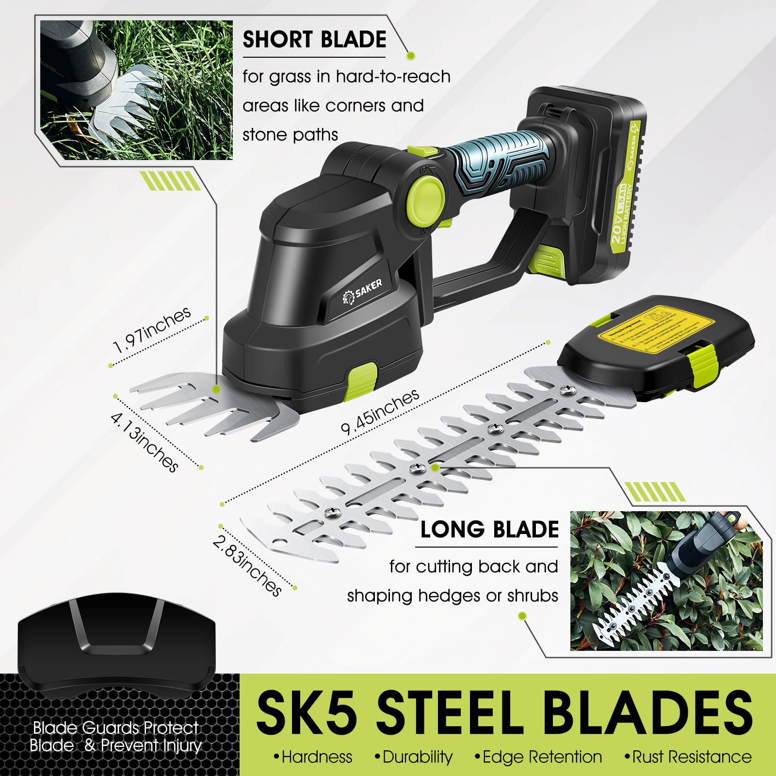 Saker cordless hedge trimmer in use in a garden