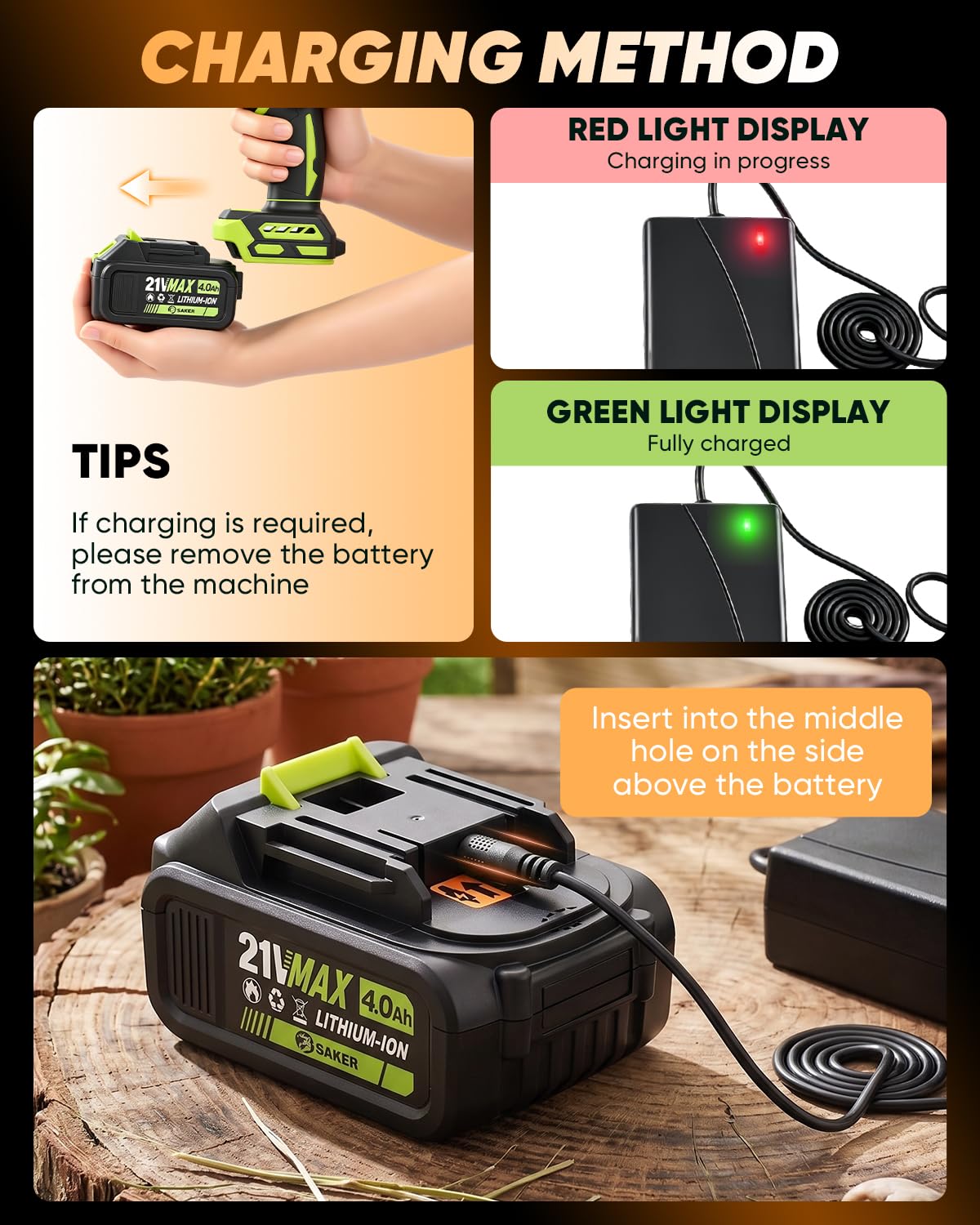 Saker cordless leaf blower close-up of long nozzle