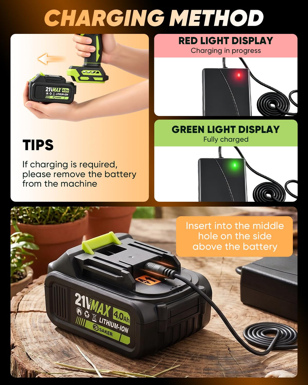 Saker cordless leaf blower close-up of long nozzle