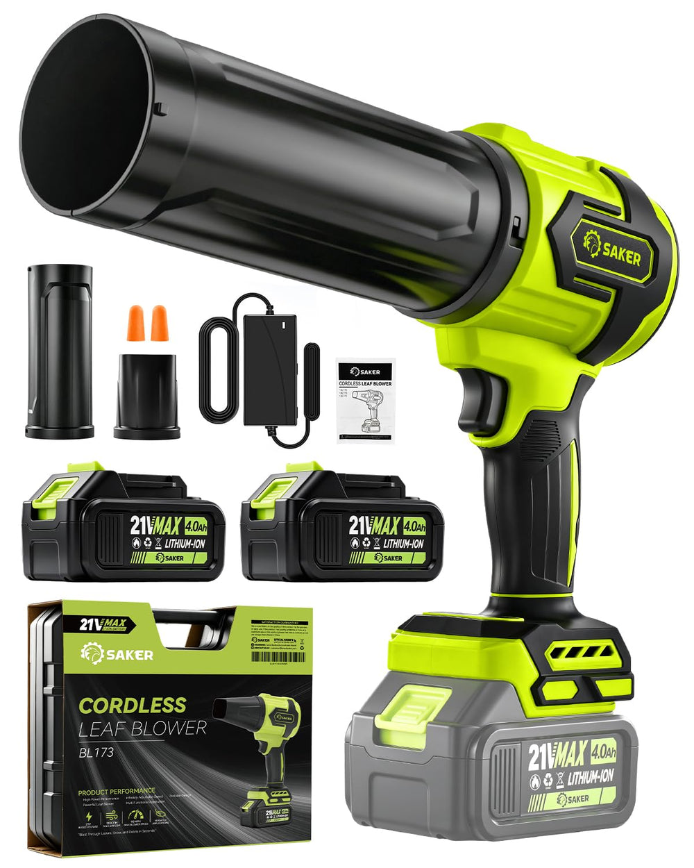 Saker Cordless Leaf Blower dark green model with dual nozzles