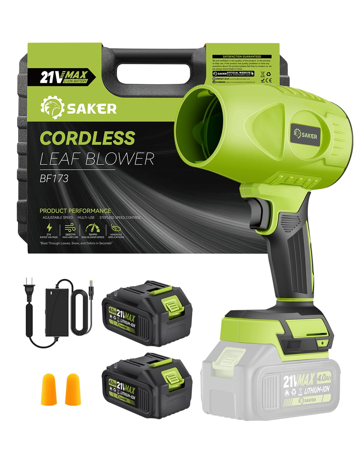 Saker Cordless Leaf Blower front view in olive green