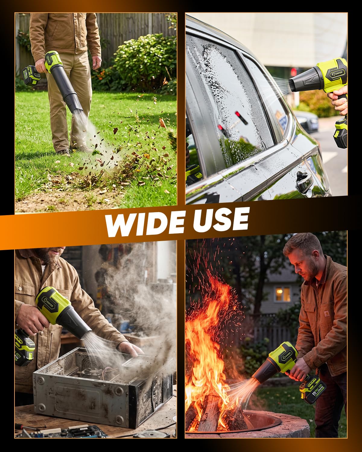 Saker cordless leaf blower in use on patio