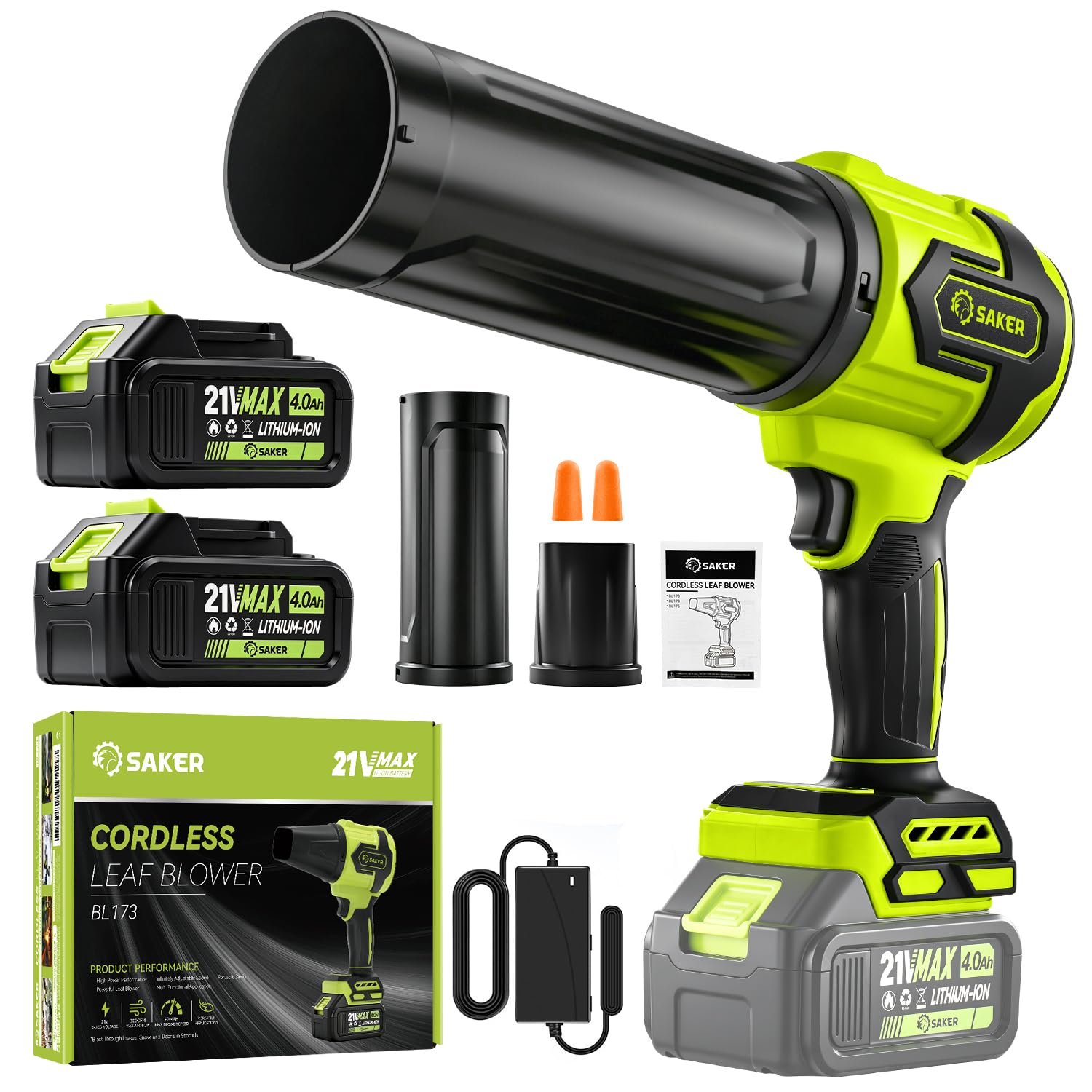 Saker cordless leaf blower light green model front view