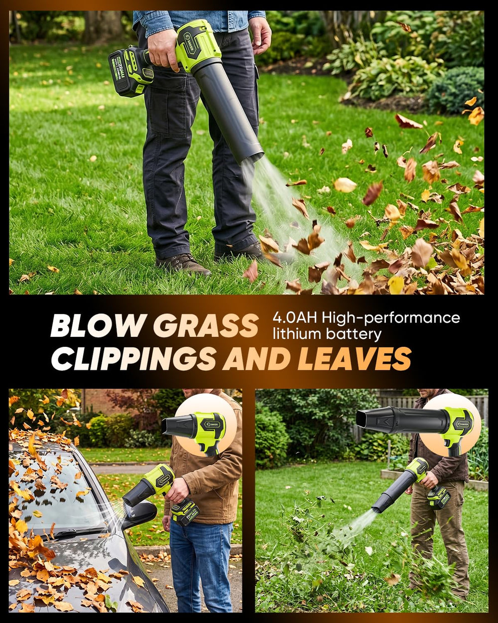 Saker cordless leaf blower showing dual nozzle design