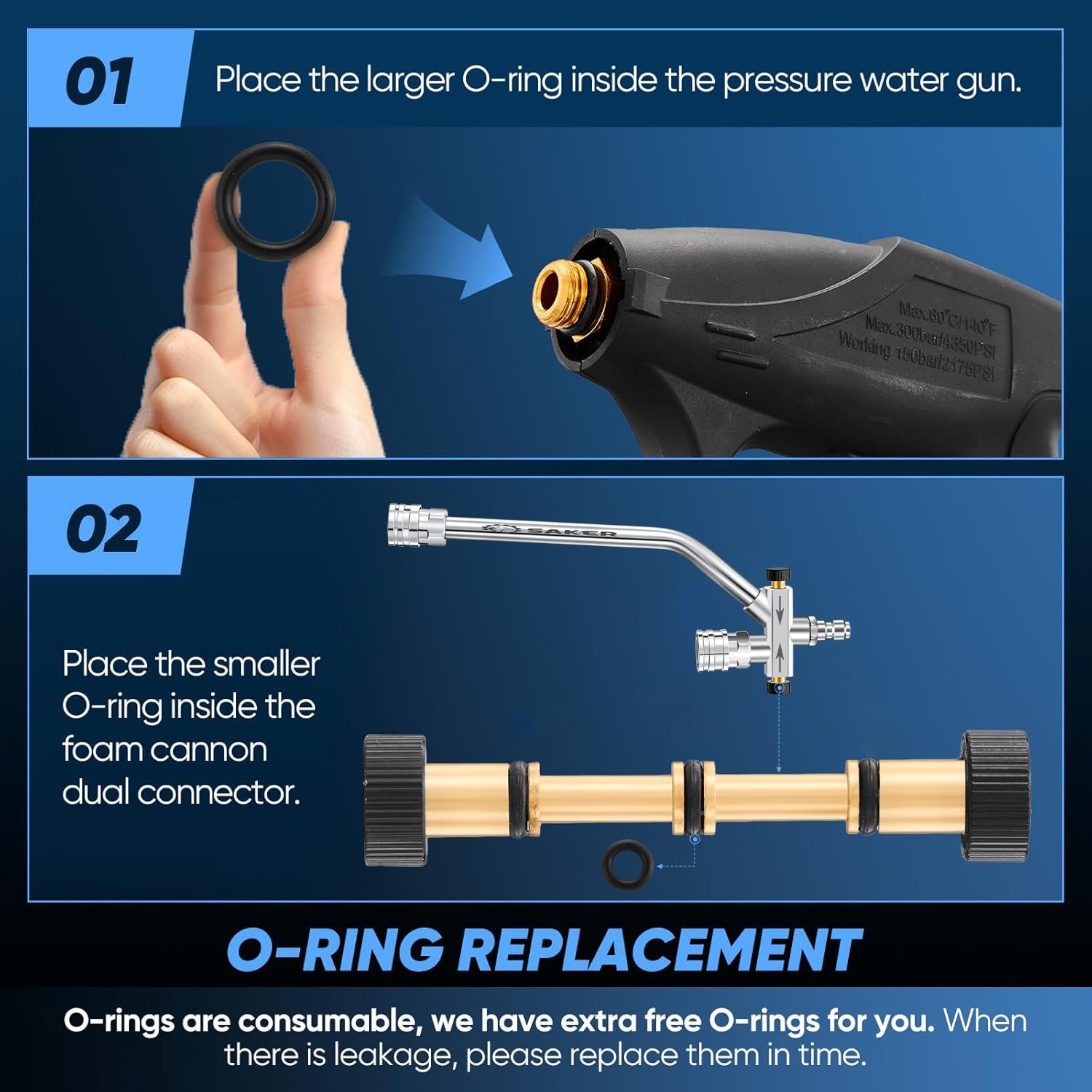 Saker Foam Cannon Dual Connector with varied nozzle tips displayed