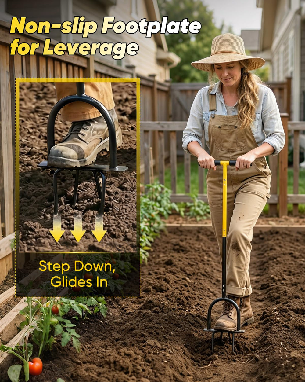Saker Hand Tiller with foot plate on garden ground