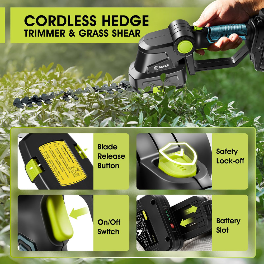 Saker hedge trimmer showing long and short blade options