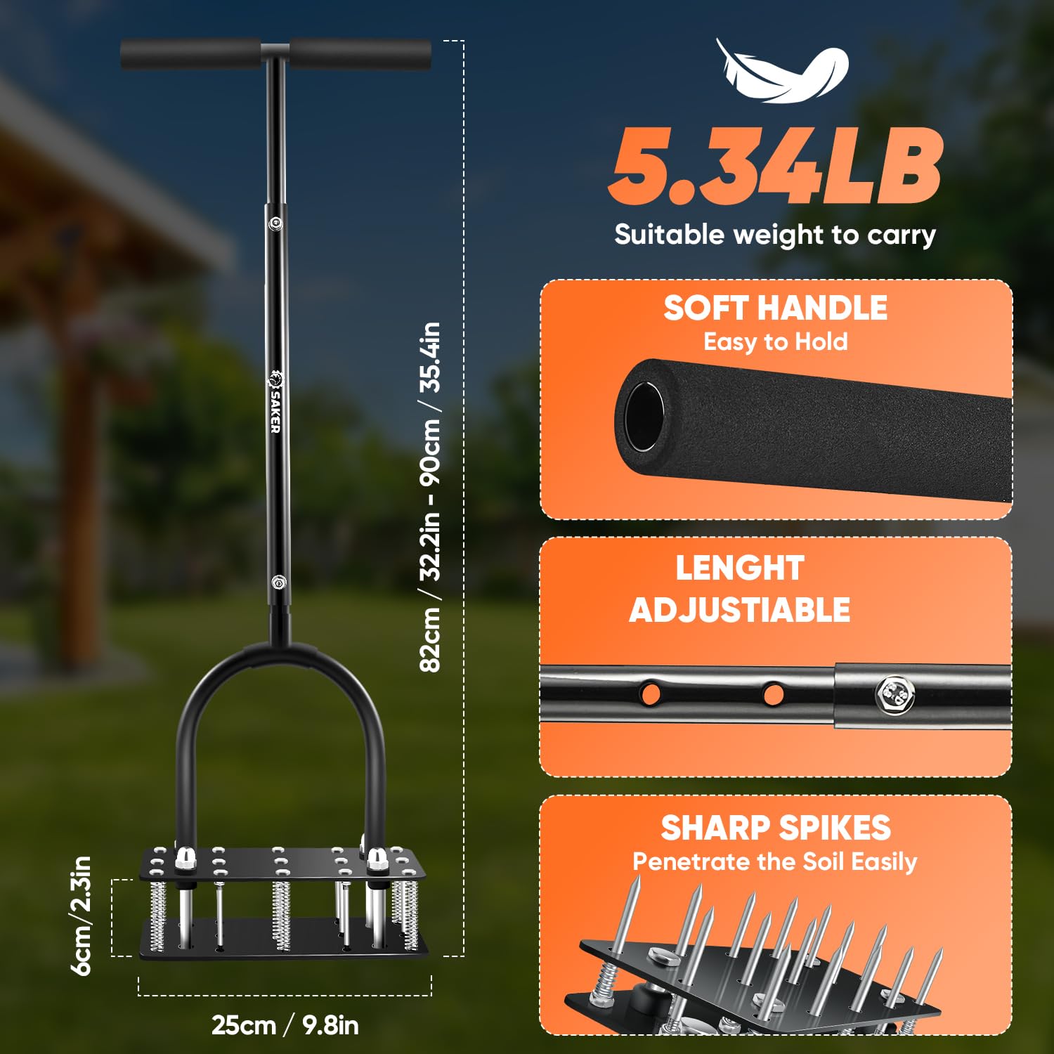 Saker Lawn Aerator in a garden setting demonstrating use