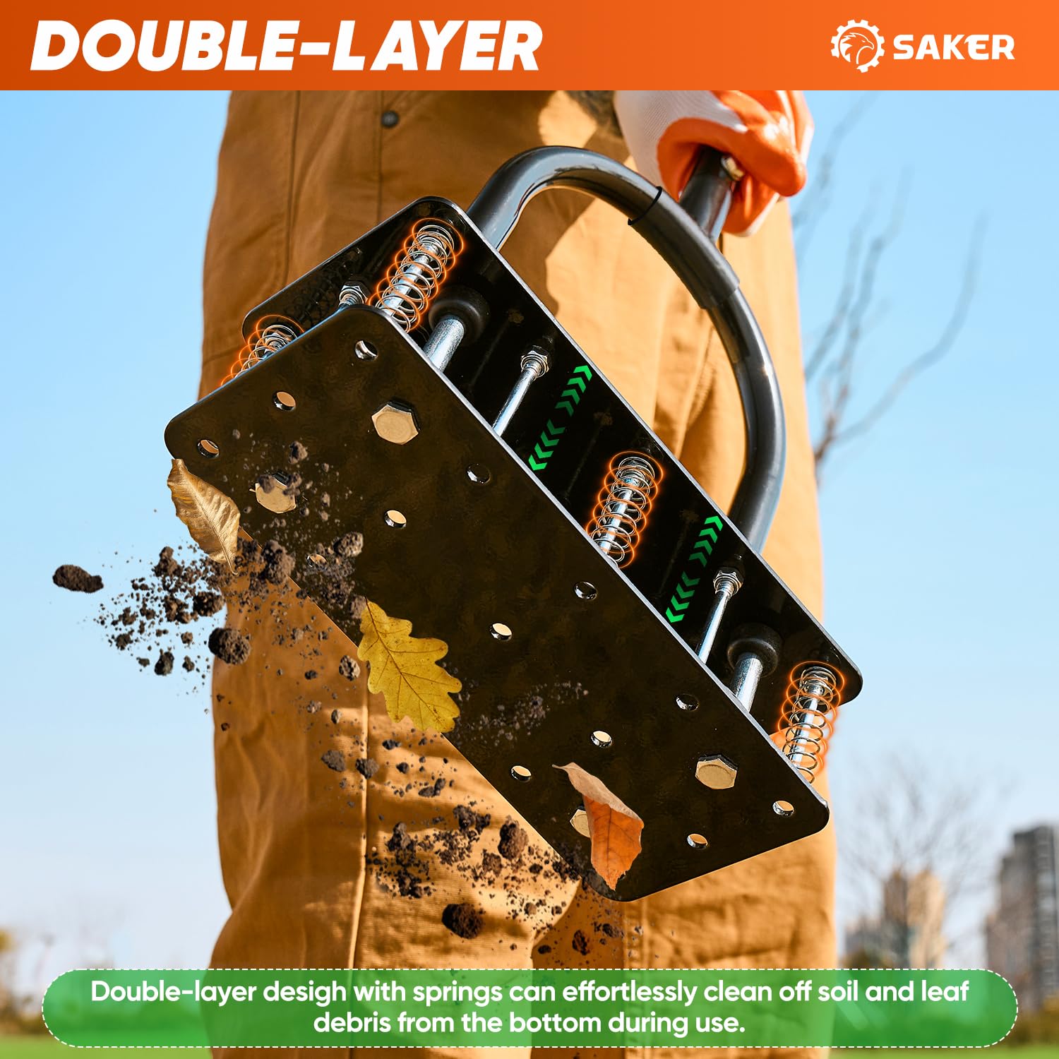 Saker lawn aerator showing double-layer spring system