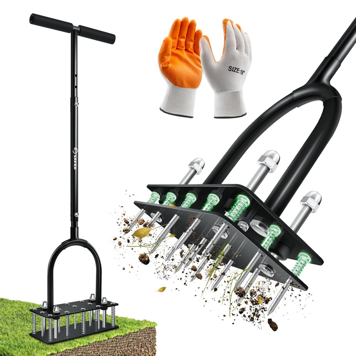 Saker Manual Lawn Aerator Tool front view with 15 iron spikes
