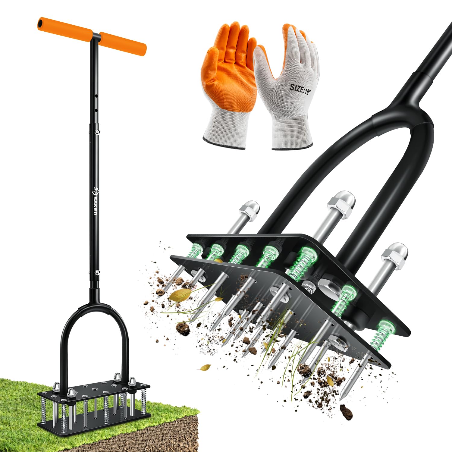 Saker Manual Lawn Aerator Tool with 15 iron spikes, orange front view