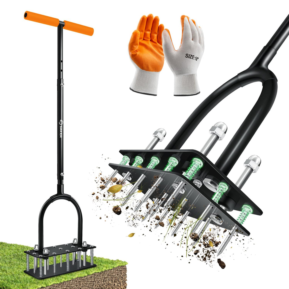 Saker Manual Lawn Aerator Tool with 15 iron spikes, orange front view