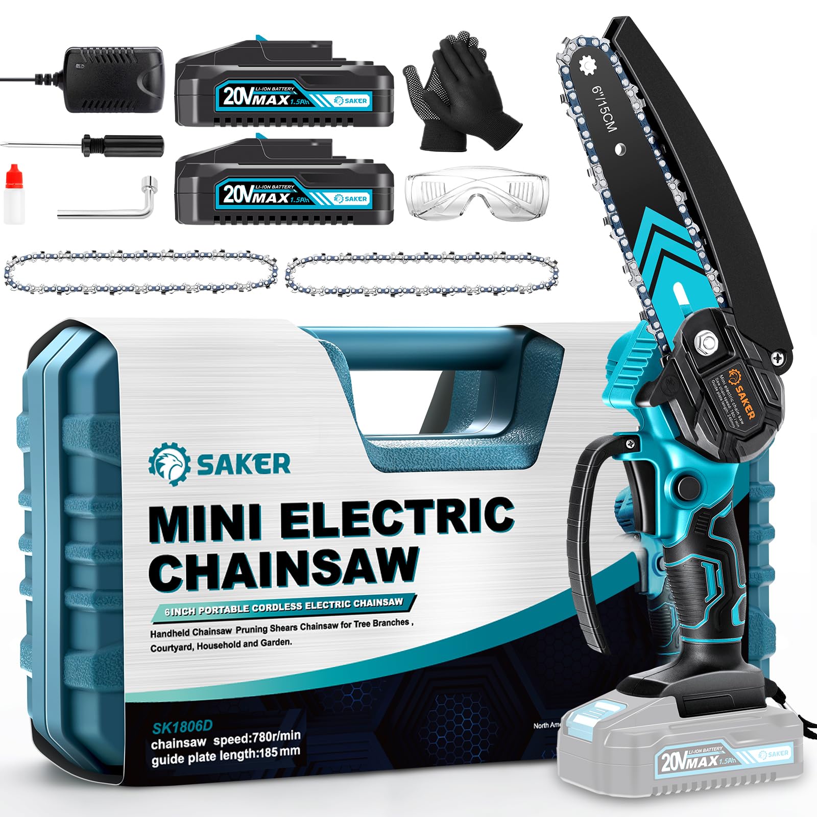 Saker Mini Chainsaw 6 Inch Blue front view with battery