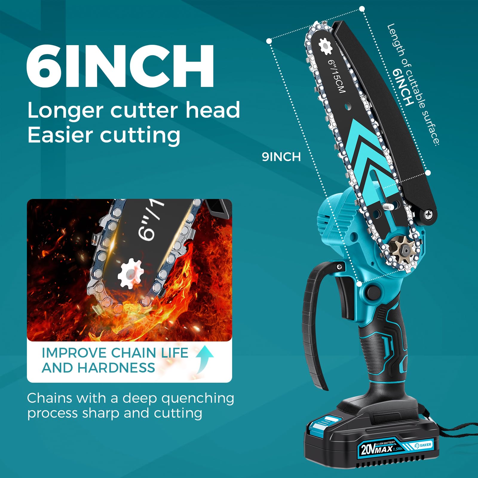 Saker Mini Chainsaw 6 Inch Blue in use cutting a branch