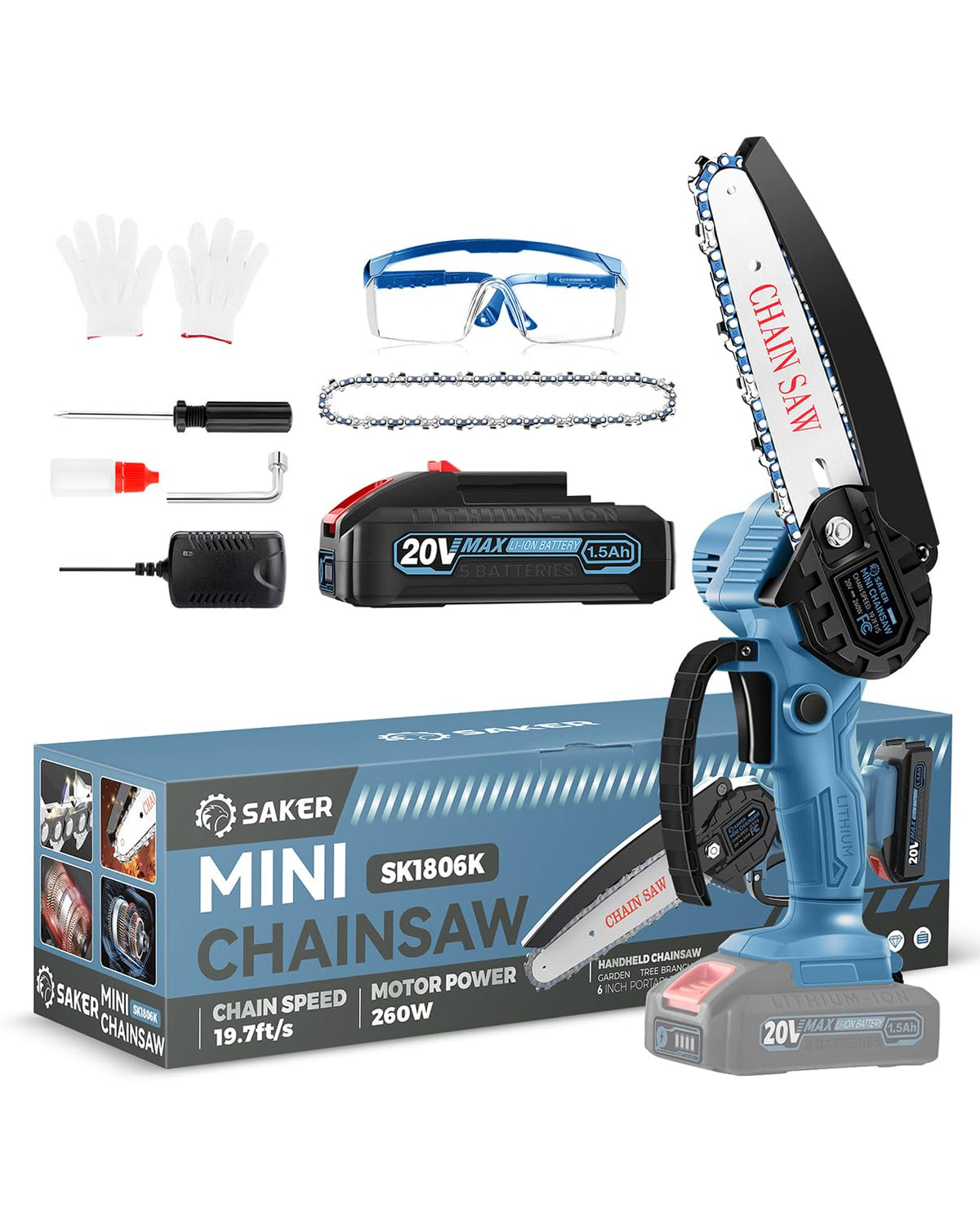 Saker Mini Chainsaw 6 Inch blue model front view