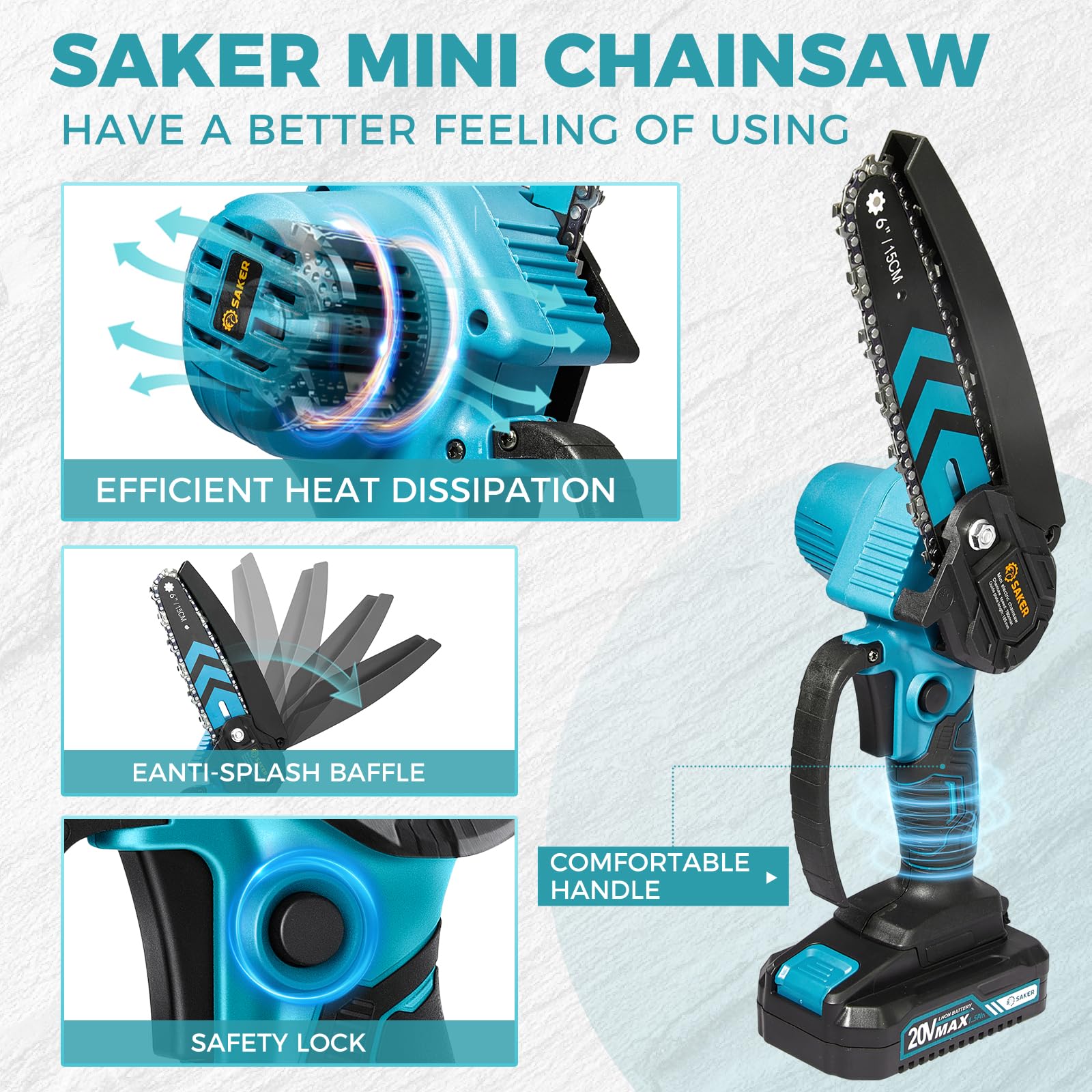 Saker Mini Chainsaw 6 Inch Blue side view showing cutting surface