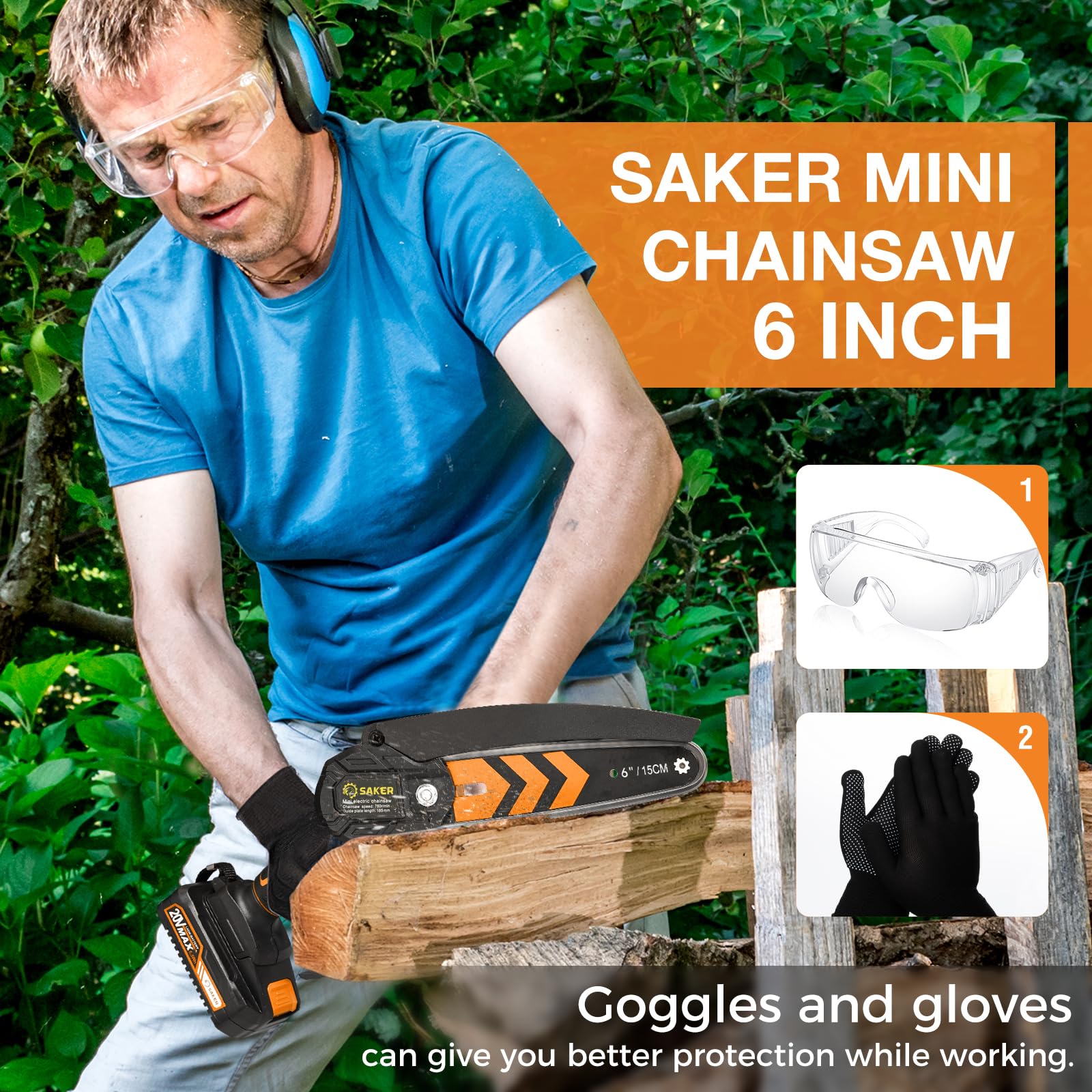 Saker Mini Chainsaw 6 Inch Orange close-up of blade