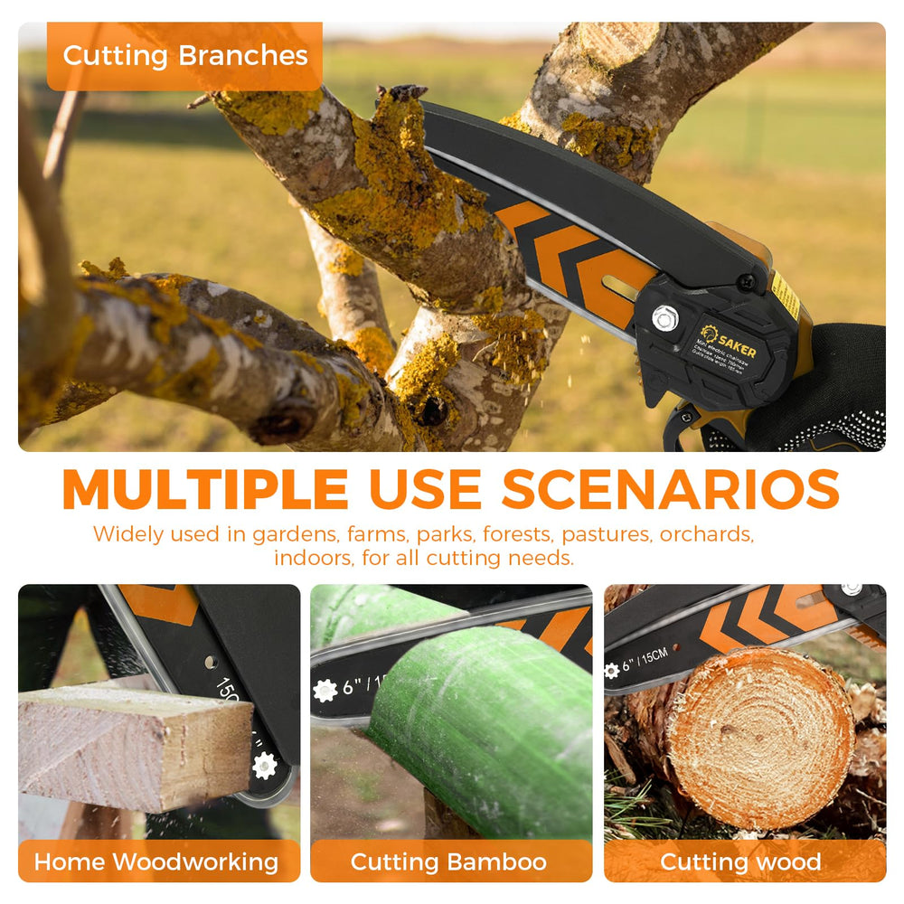 Saker Mini Chainsaw 6 Inch Orange in action