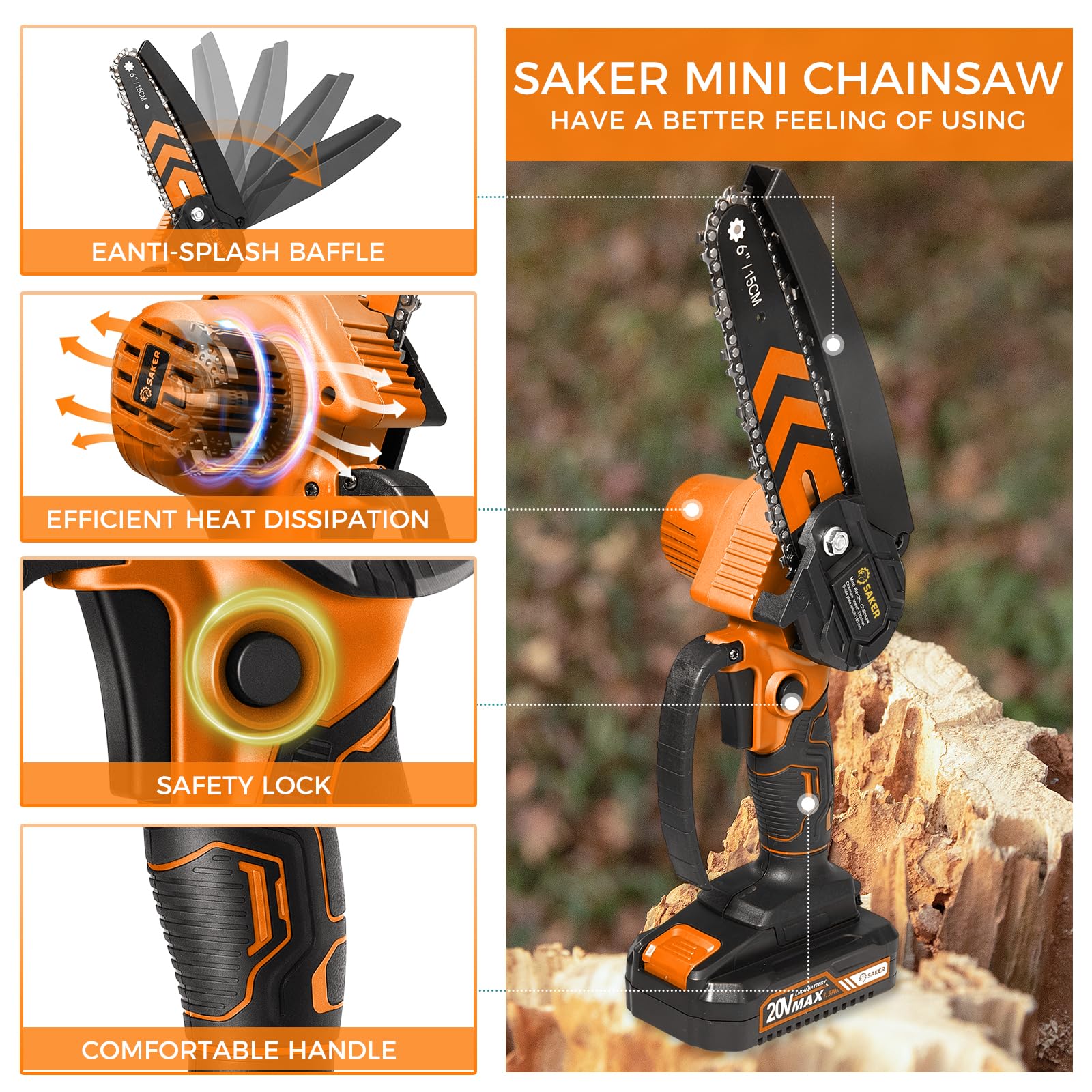Saker Mini Chainsaw 6 Inch Orange in carrying case