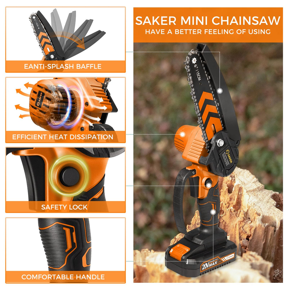 Saker Mini Chainsaw 6 Inch Orange in carrying case