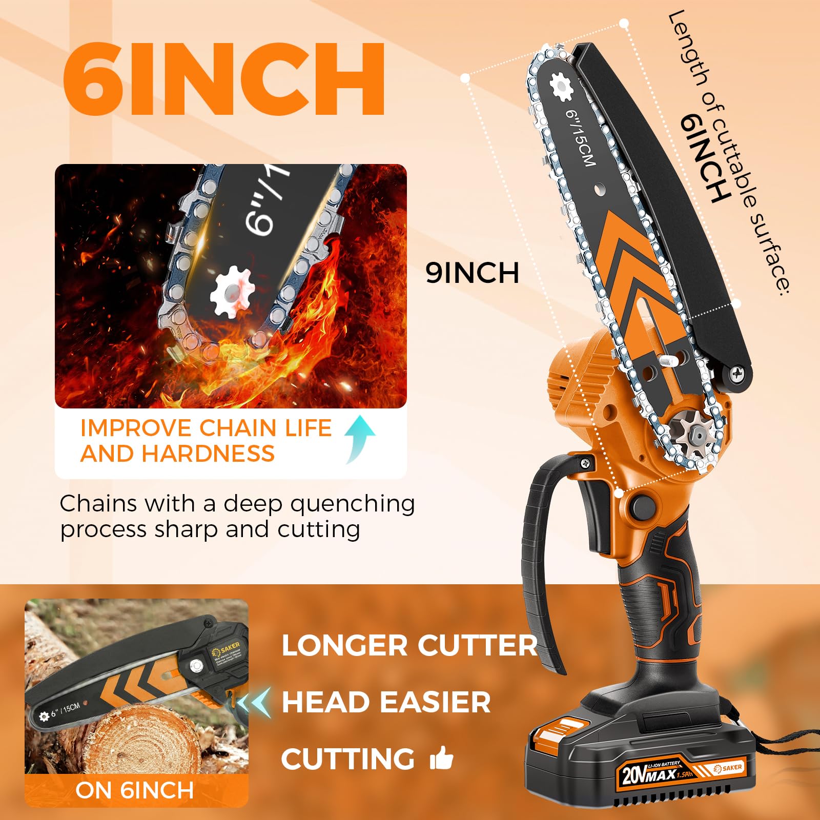 Saker Mini Chainsaw 6 Inch Orange side view