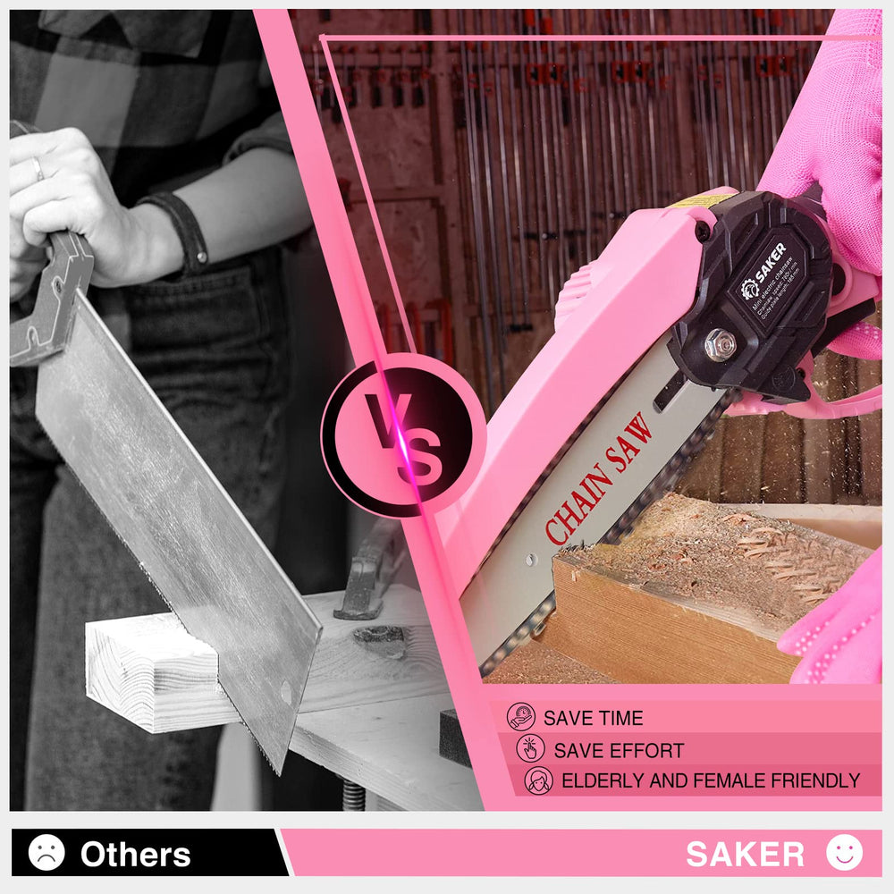 Saker Mini Chainsaw 6 Inch Pink assembled with battery