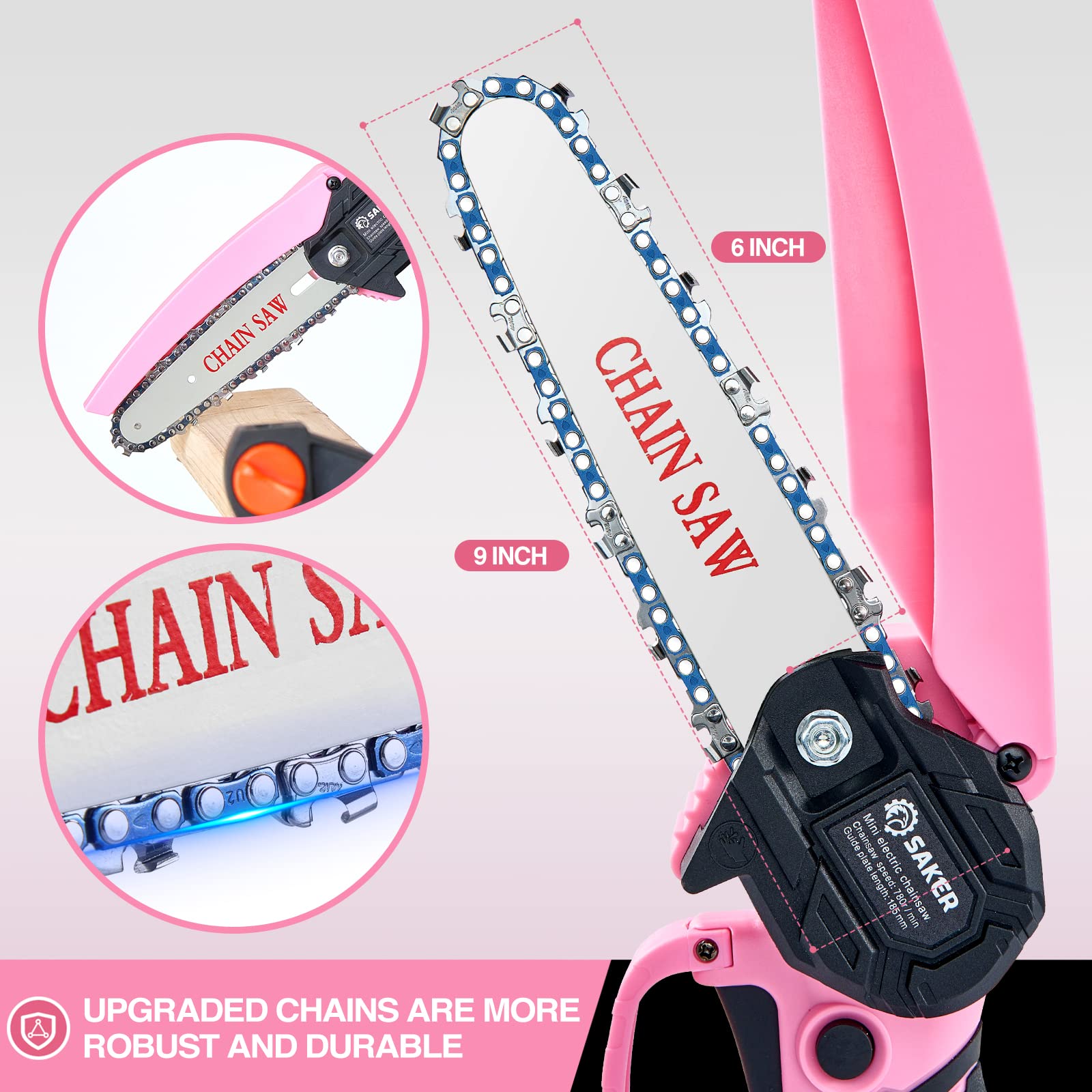 Saker Mini Chainsaw 6 Inch Pink close-up of cutting area