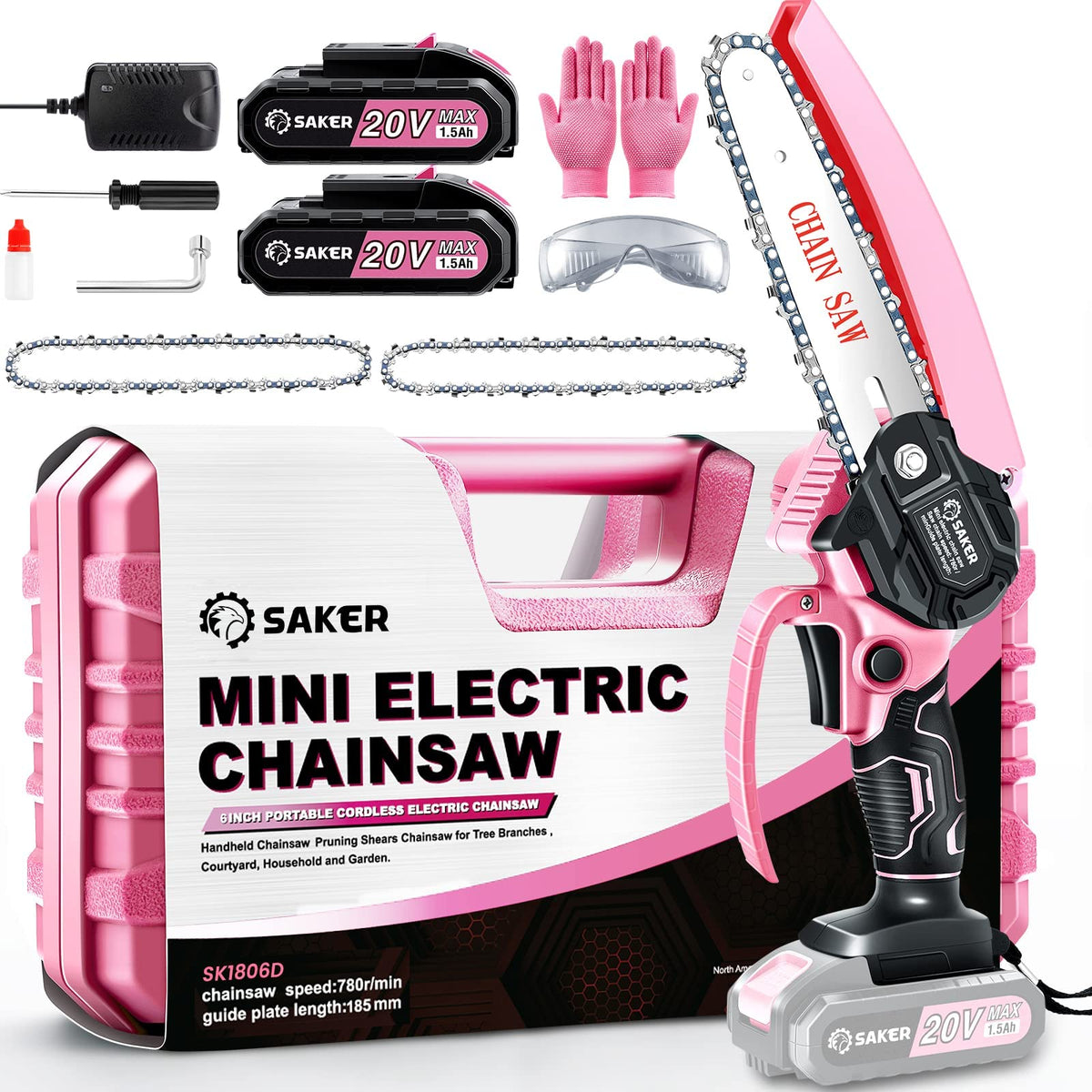 Saker Mini Chainsaw 6 Inch Pink front view with battery