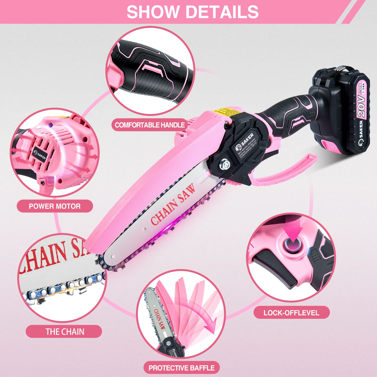 Saker Mini Chainsaw 6 Inch Pink side view