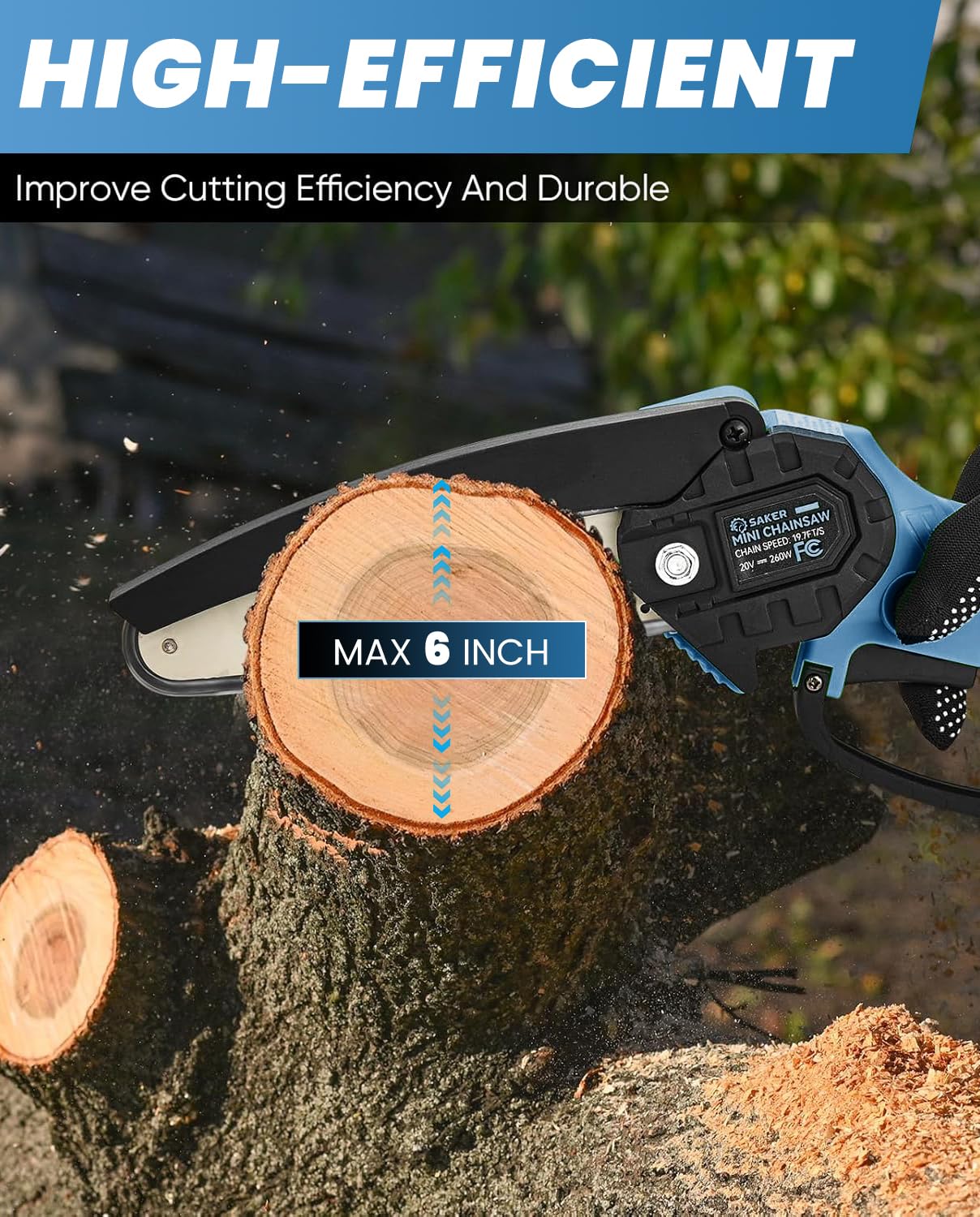 Saker Mini Chainsaw 6 Inch side view with battery